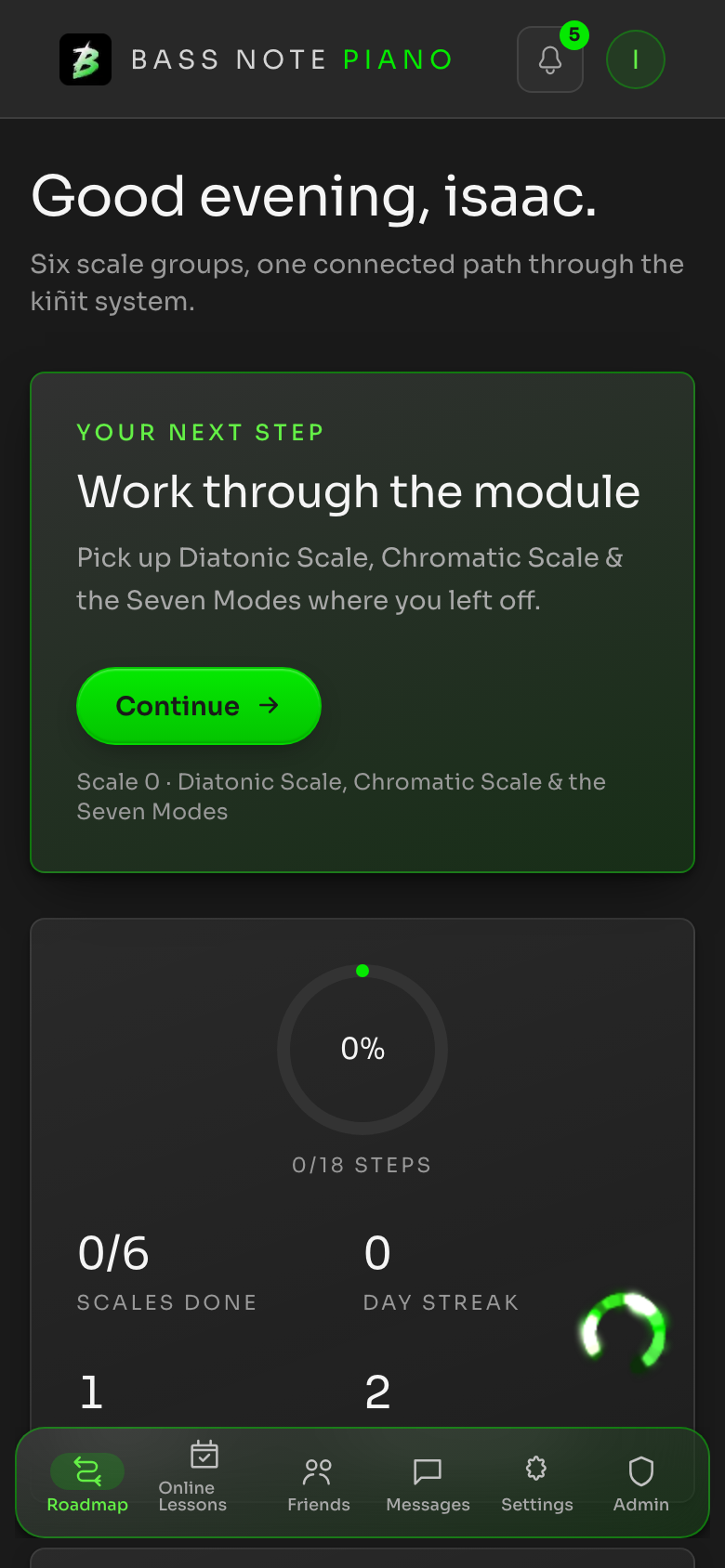 Roadmap dashboard showing scale progress, badges, and practice streak