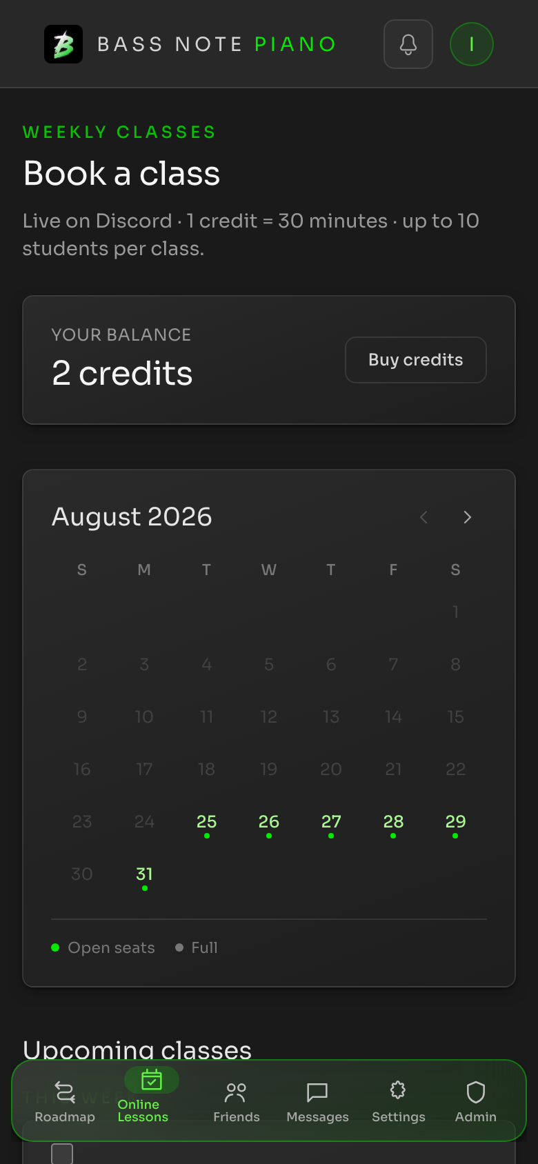 Weekly class booking screen with credit balance and upcoming classes