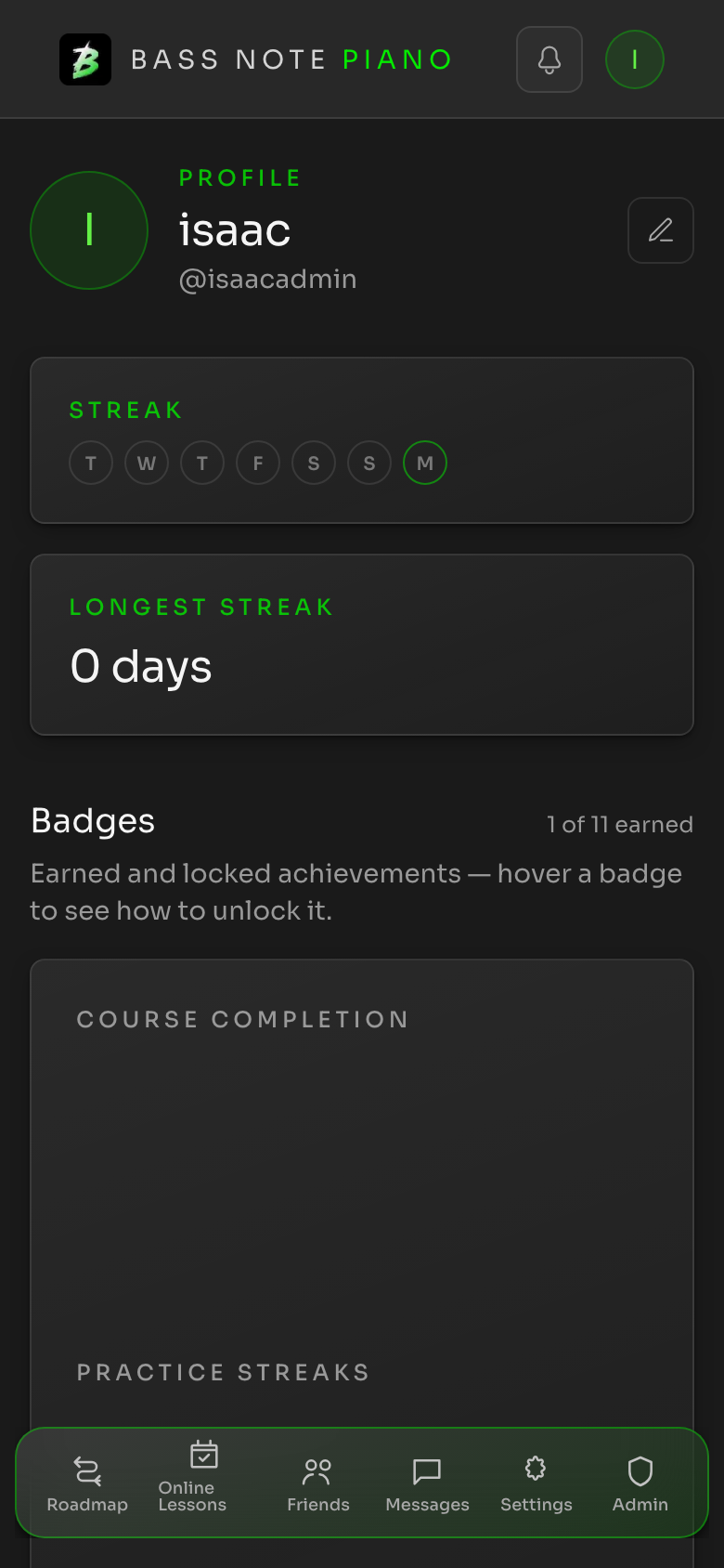 Profile page showing streak history and earned badges