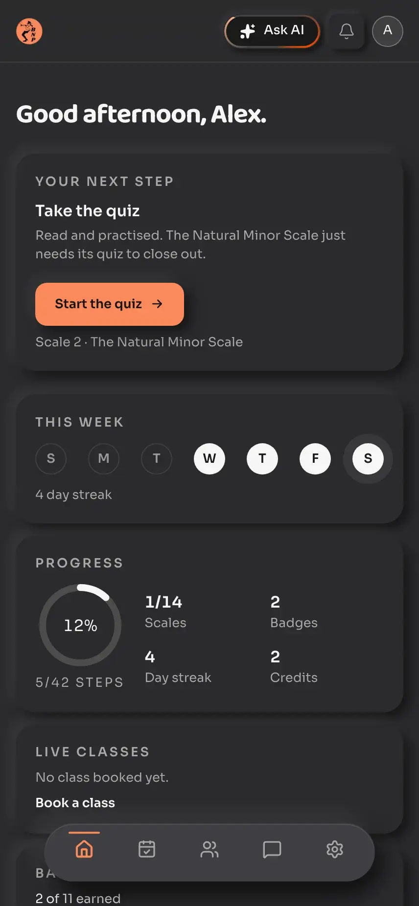 Roadmap showing the next step, a four day streak, progress and badges